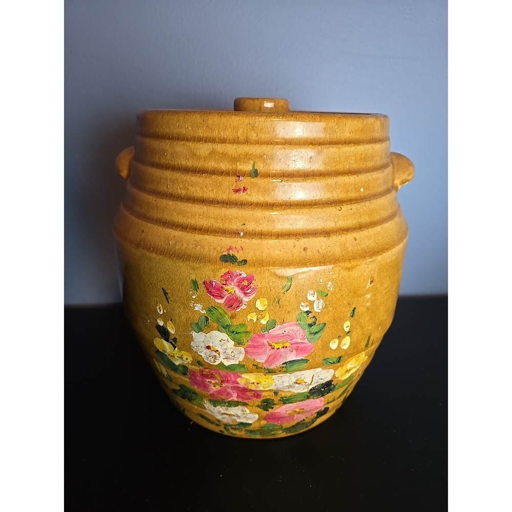 Red Wing Saffron Ware Yellow Lidded Cookie Jar Hand Painted Flower Motif‎ Rare!